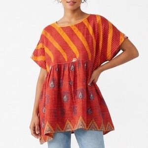 Kantha Bae Tunic Mini Dress Womens One Size Orange Red Geometric Kantha Stitch